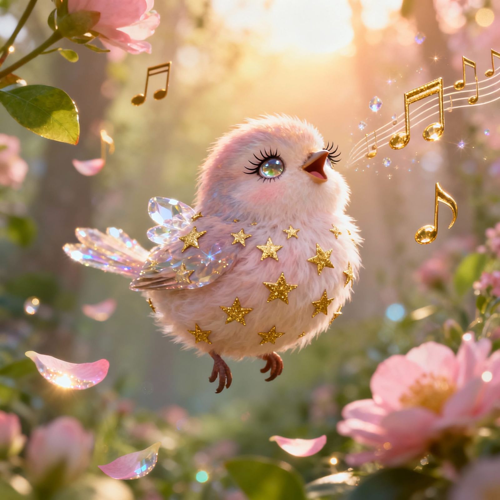 Fluffy Bird Singing Amidst Crystal Music Notes at Sunrise