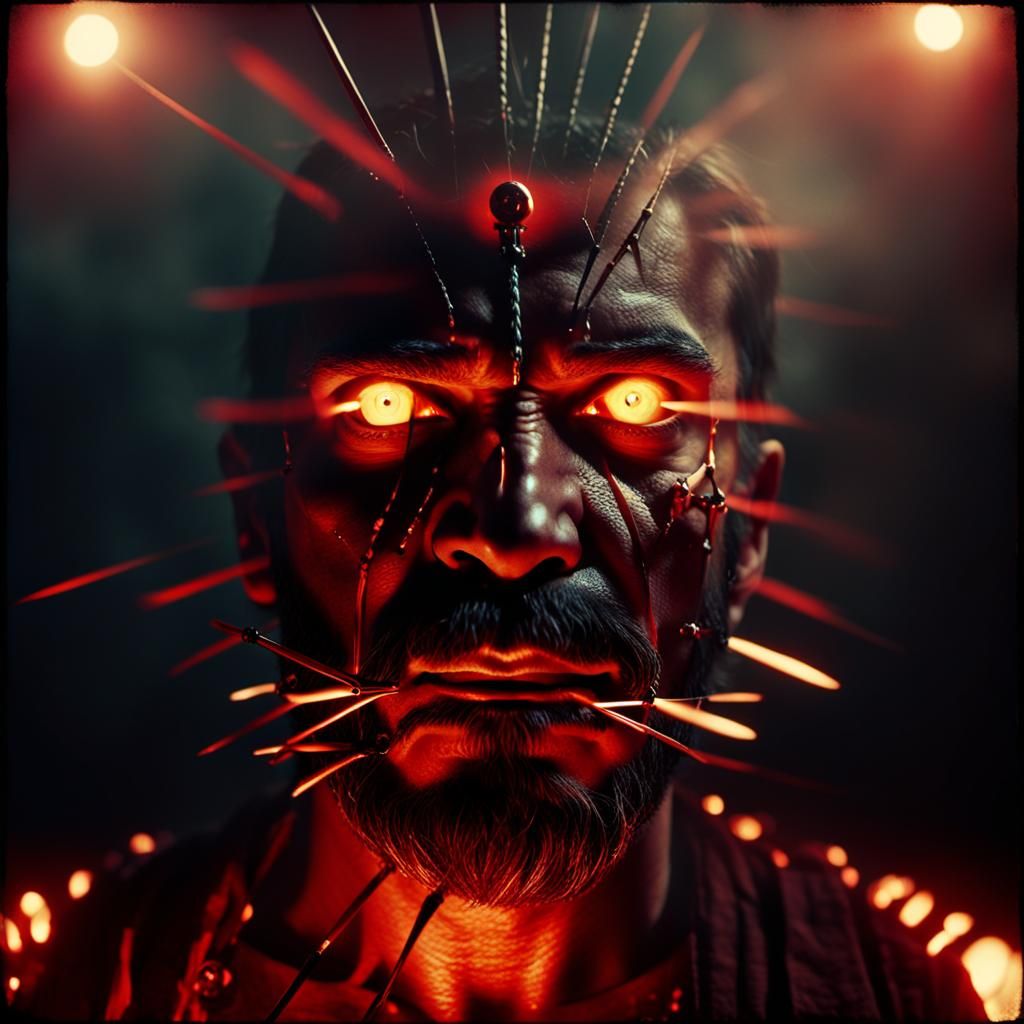 Wounded Spiritual Man with Swords: Cinematic Film Still