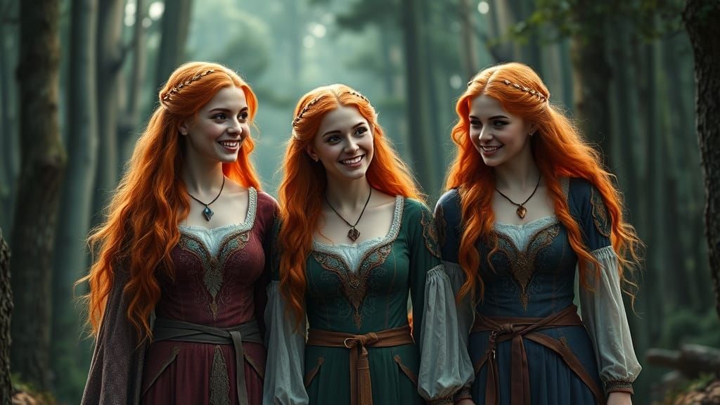 Three Princesses in Vibrant Medieval Forest