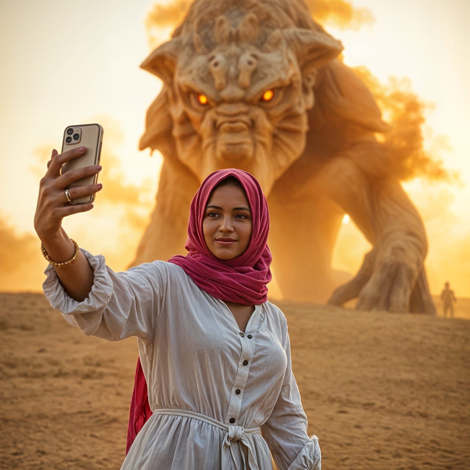 Woman's Selfie With Desert Monster in Harsh Sunlight