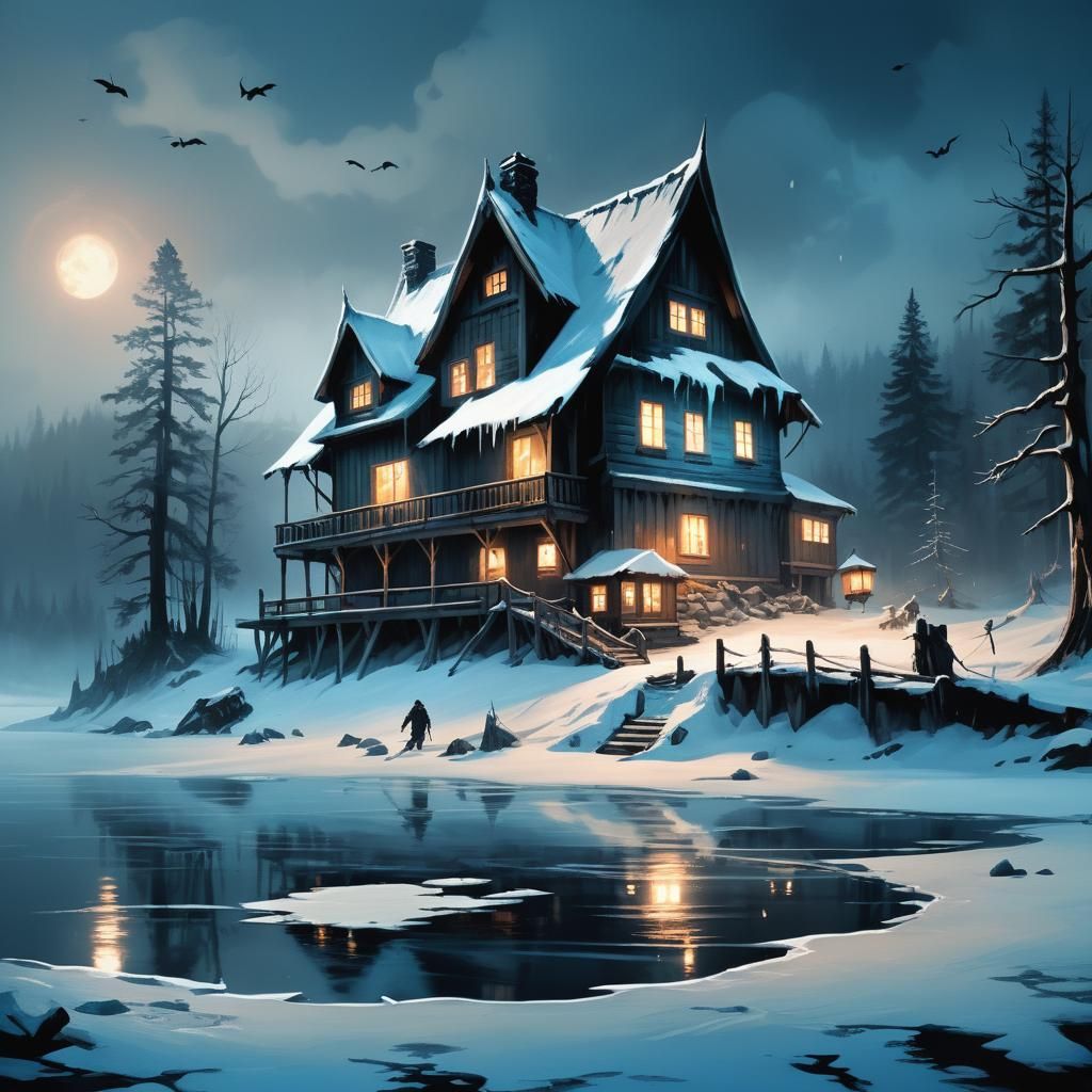 Dark Fantasy Winter Scene in Atmospheric Oil Painting Style