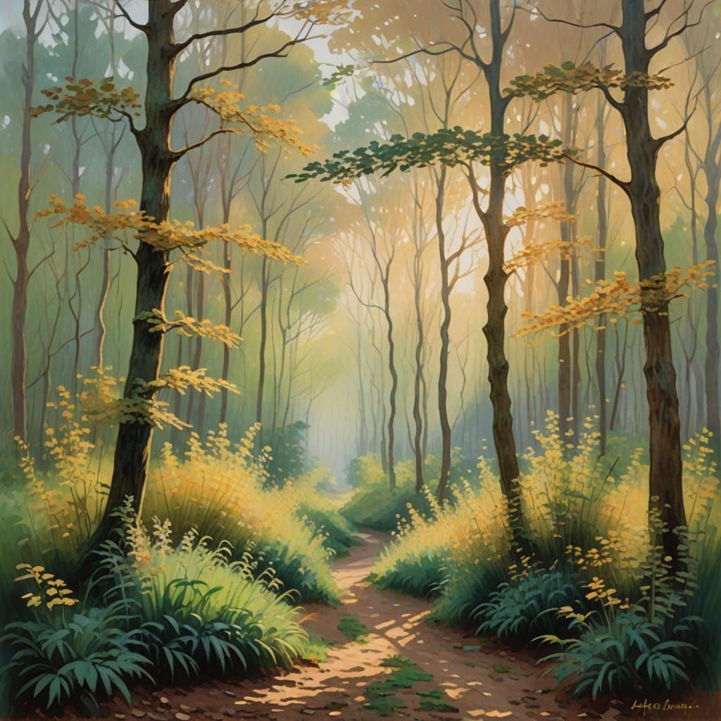 Golden Forest Light Impressionist Painting