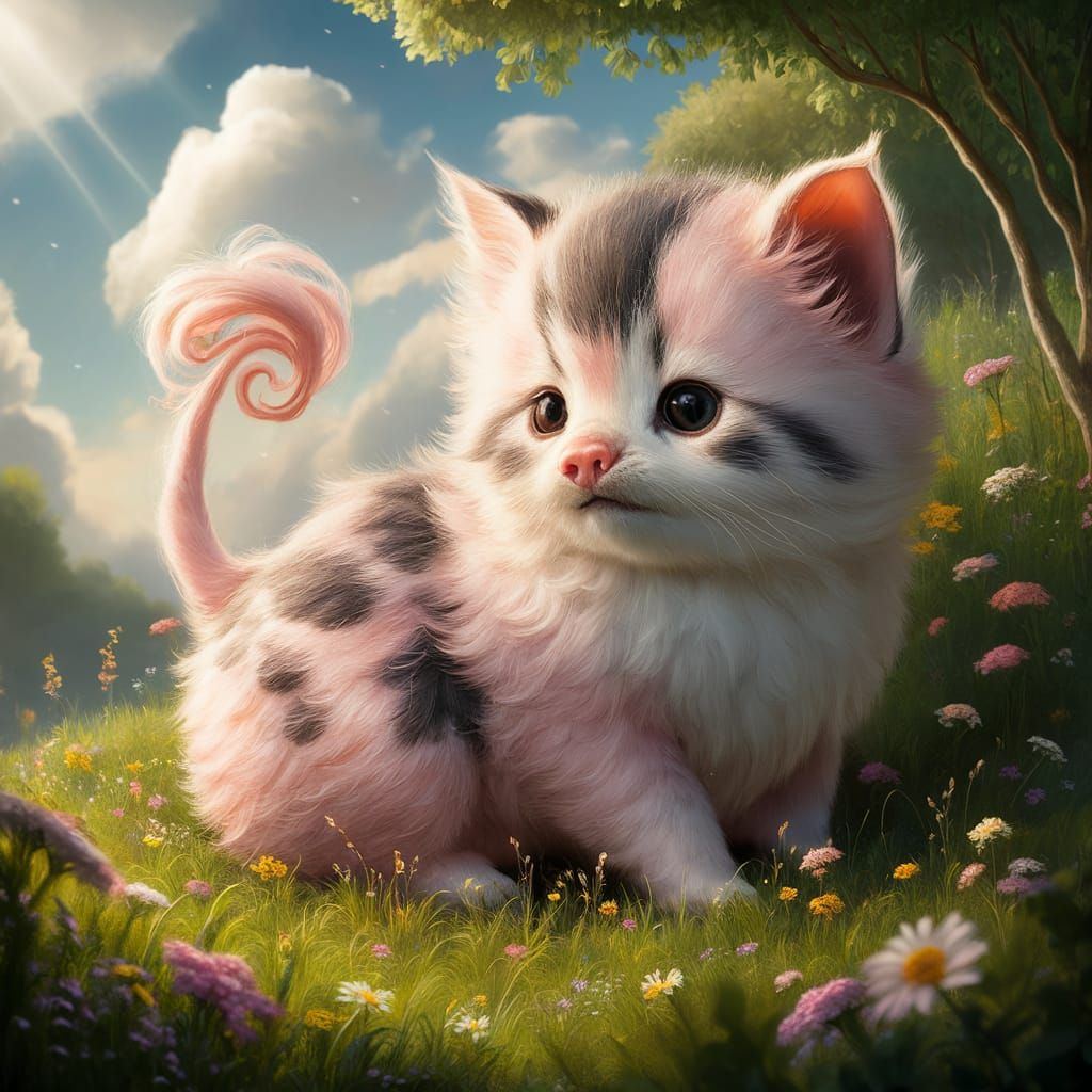 Enchanting Kitten-Piglet Hybrid in Lush Meadow