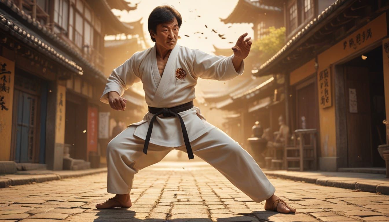 Jackie Chan Flying Kick in Street Art Anime Style