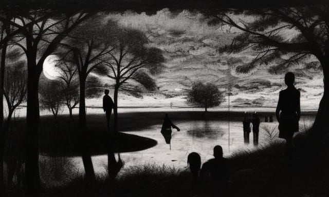 Moonlit Pond Landscape with Silhouettes