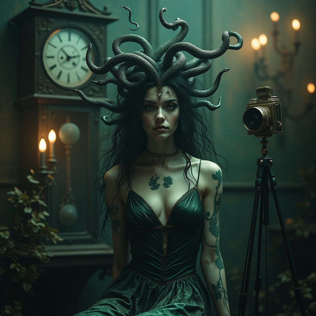 Medusa's Gaze: Snakes, Clock, and Camera