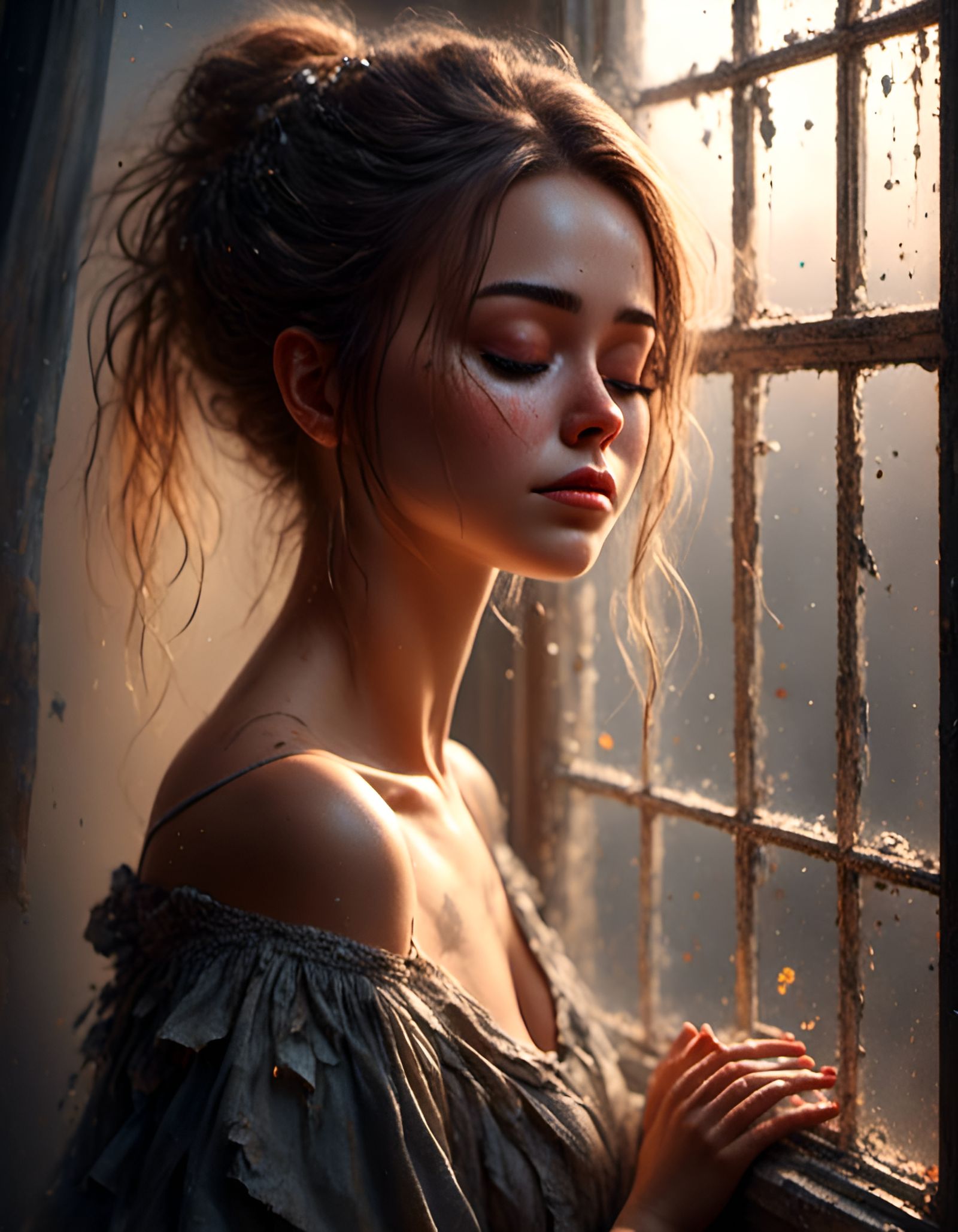 Beautiful Women Gaze Through Window, Graffiti Art