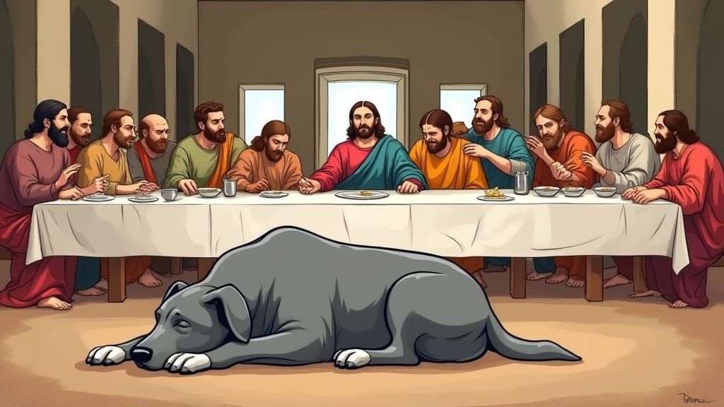 Cartoon Last Supper with Sleeping Irish Wolfhound