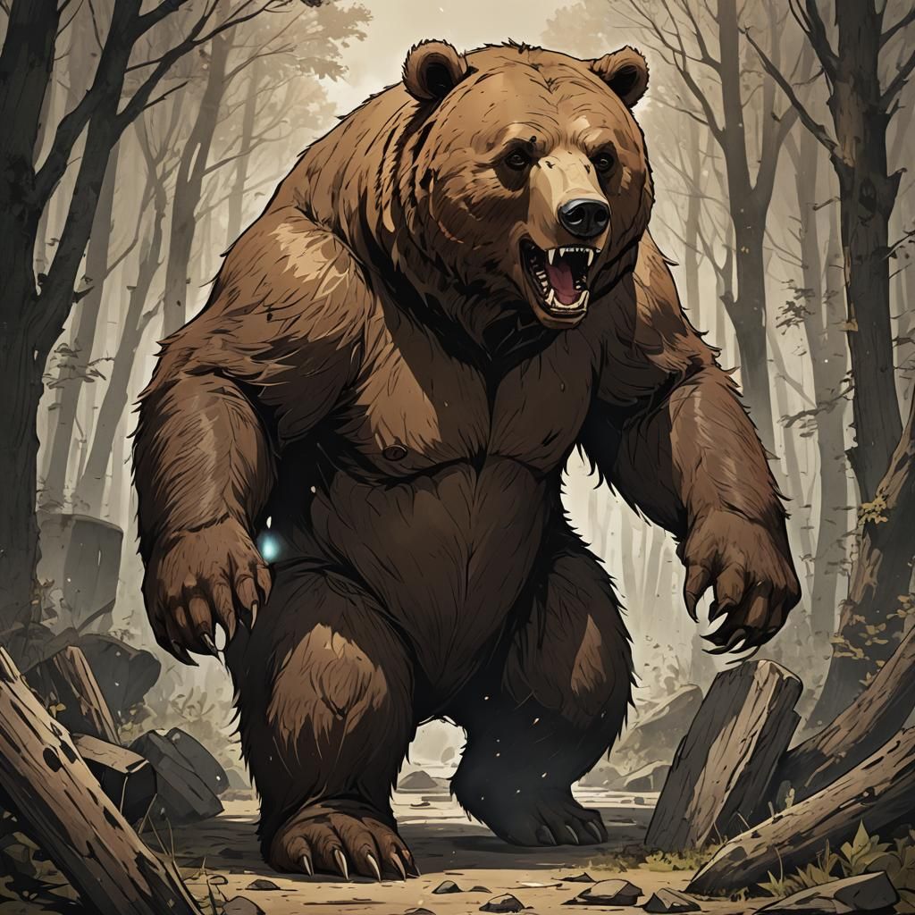Scary Brown Bear in Anime Style