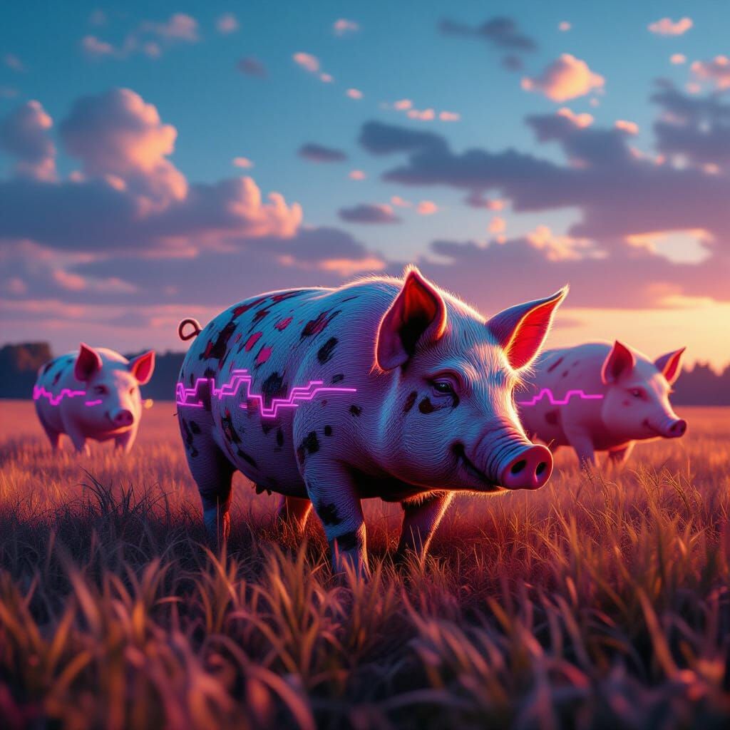 Audio-Reactive Pigs in Synthwave Neon Field