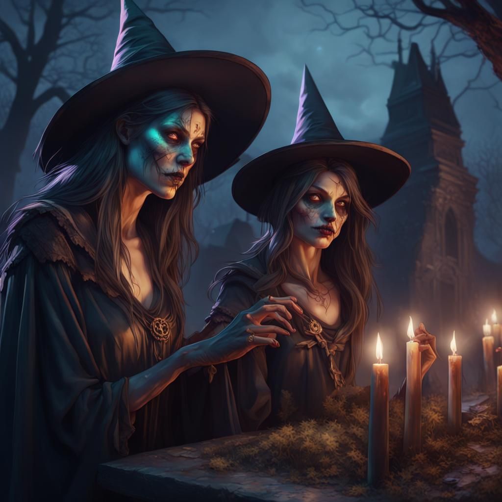 Halloween Witches Ritual: Undead Portrait in Graveyard