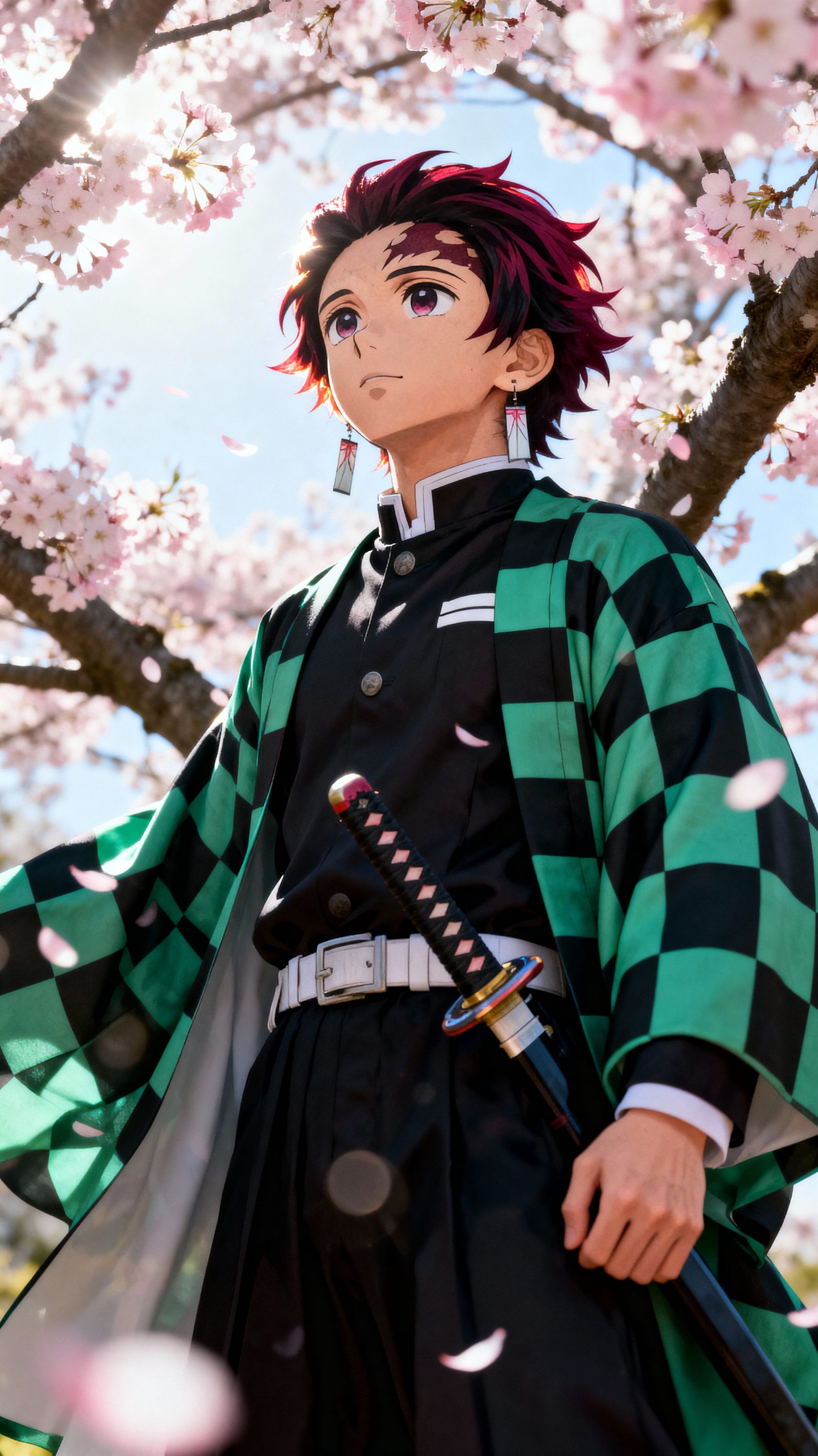 Tanjiro Kamado Under Cherry Blossoms in Cinematic Style