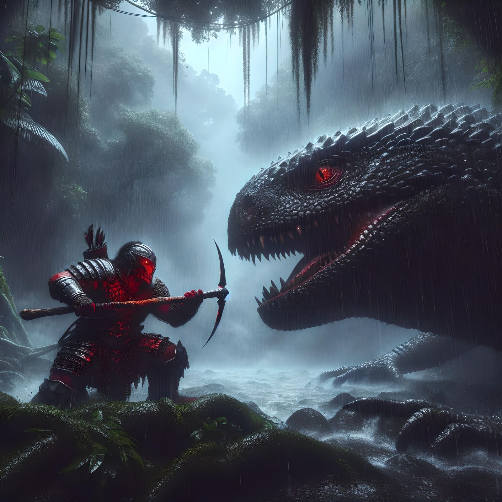 Dwarf Battles Colossal Lizard in Jungle Digital Painting