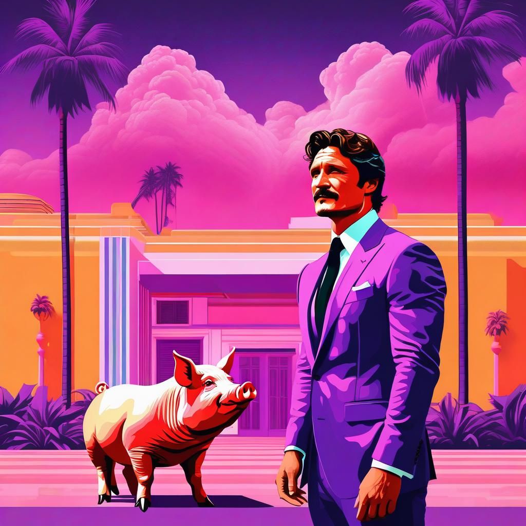Vapourwave  art :: a brightly colored painting featuring Pedro Pascal embracing an attractive piggy, in the style of mod...