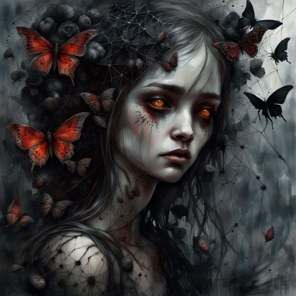 Gothic Vampire Girl with Black Roses and Butterflies