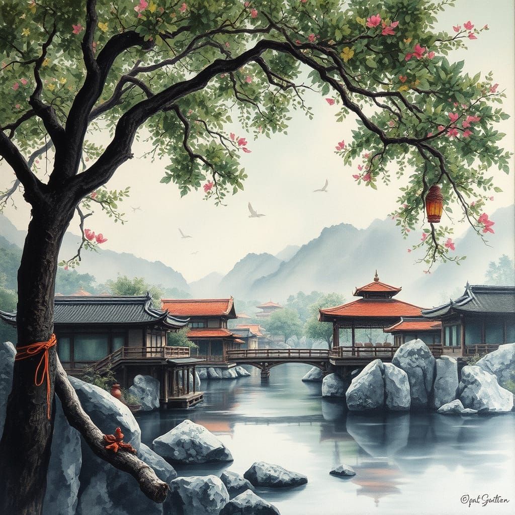 Asian Landscape: Gouache and Watercolor Masterpiece