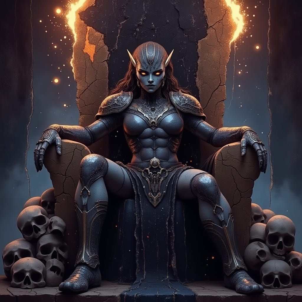 Drow Warrior Queen on Skull Throne in Dark Fantasy Style