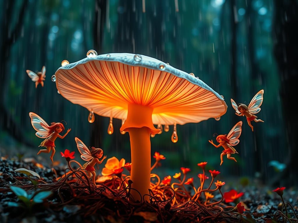 Whimsical Mushroom Fairies Dance in Raindrop Wonderland