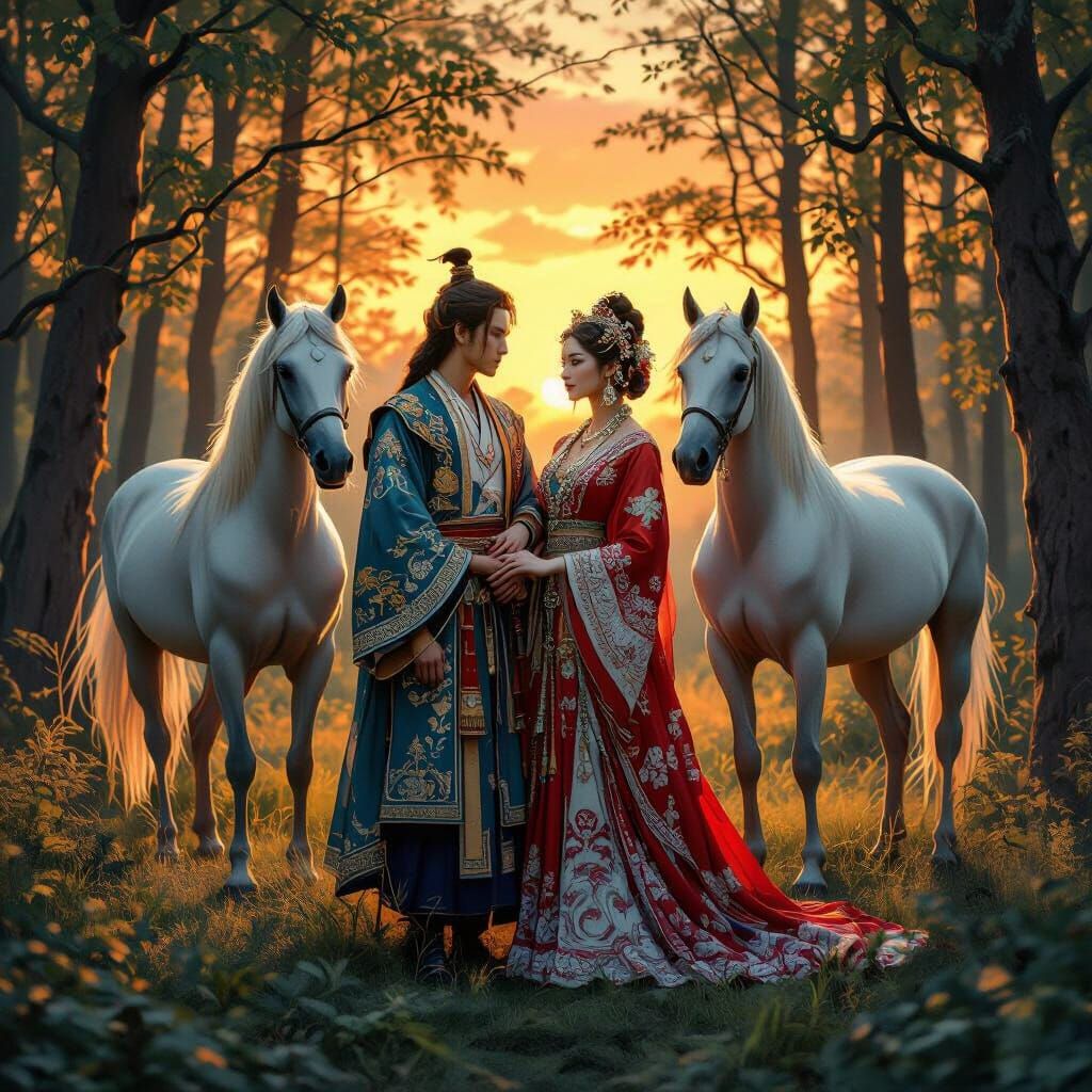 Oriental Couple with Arabian Horses in Forest, Art Nouveau