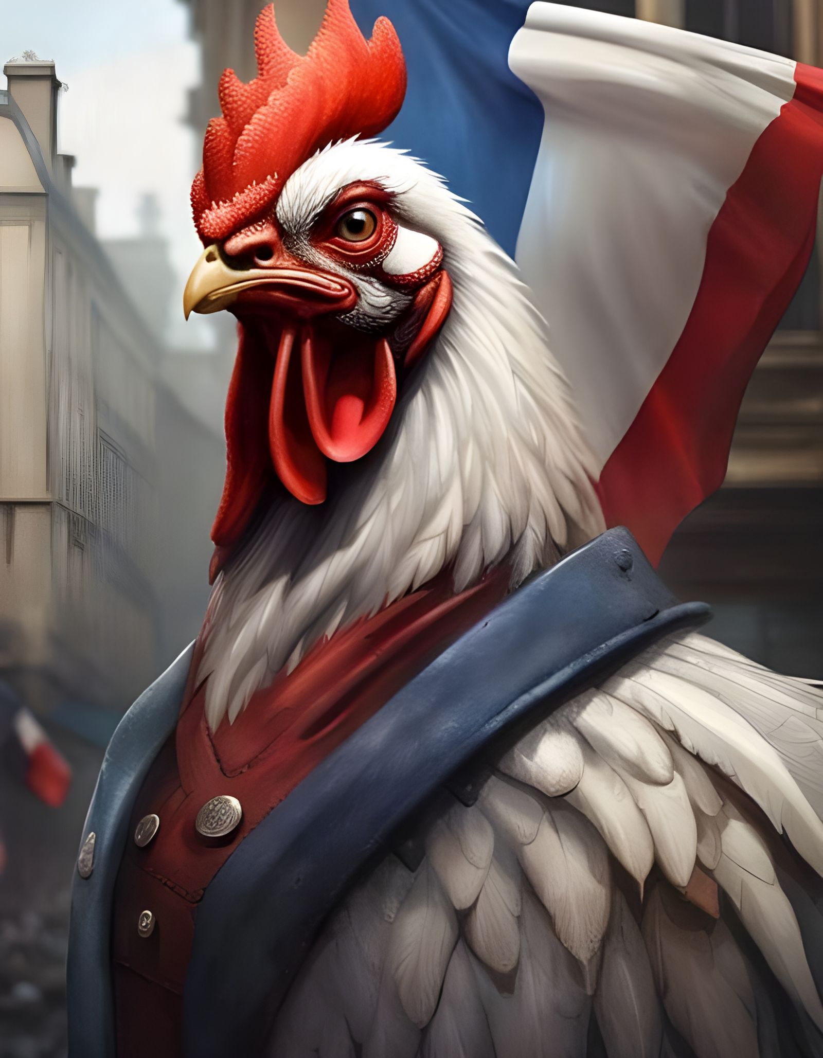 Proud Rooster Posing with French Flag: Detailed Photograph