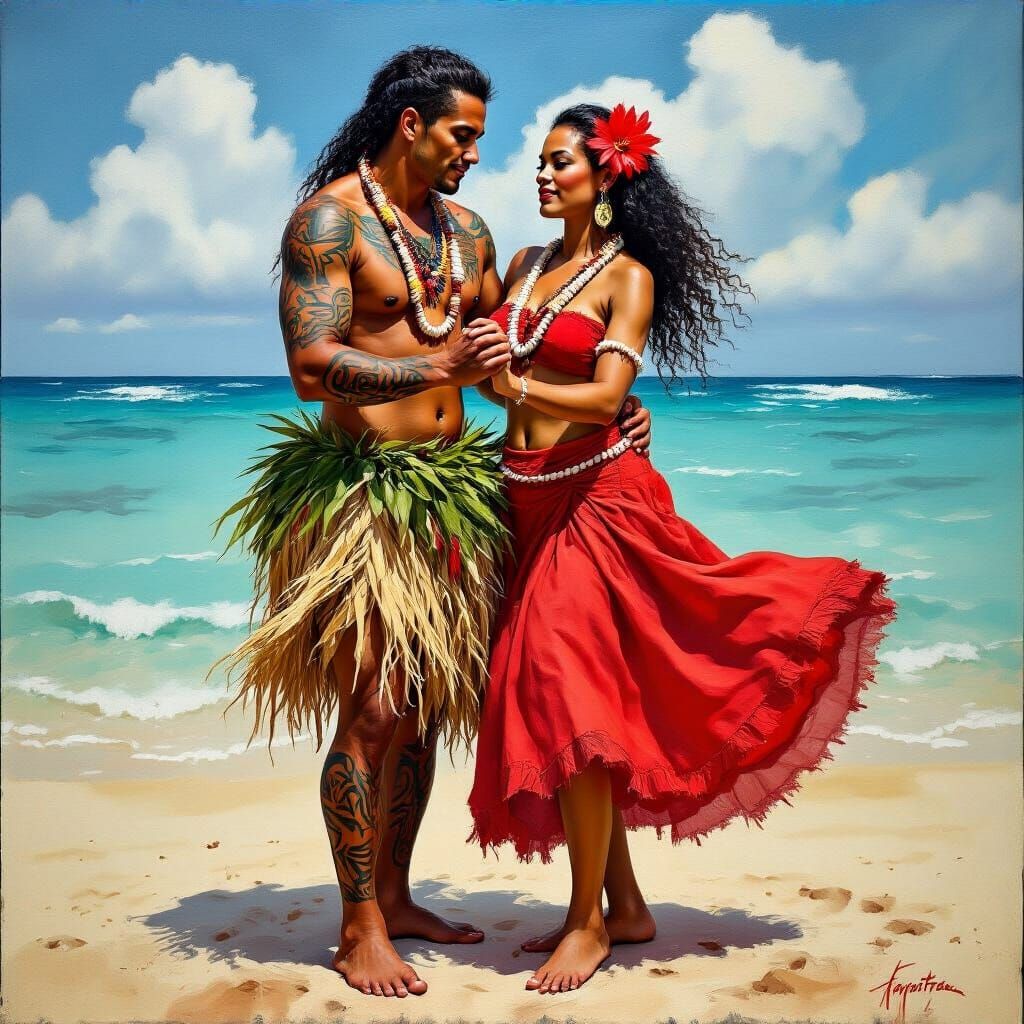 Tahitian Dancers: Oil Painting of Tattooed Man and Woman