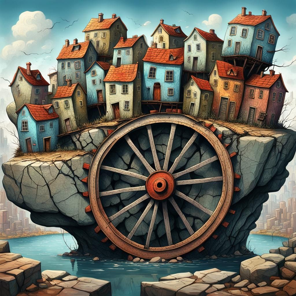 Surreal Houses Turn on Wheel Through Rock Crack