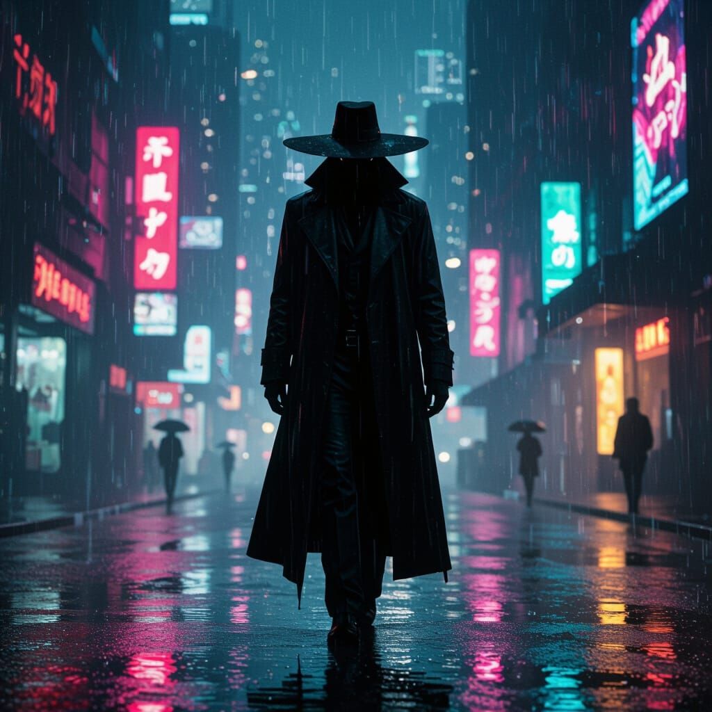 Cyberpunk Figure in Rainy Cityscape at Night