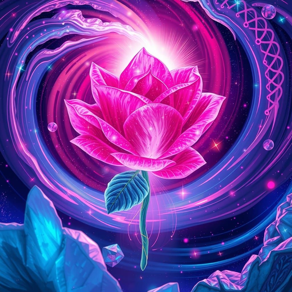 Pink Crystal Rose in Astral Vortex: Holographic Illustration