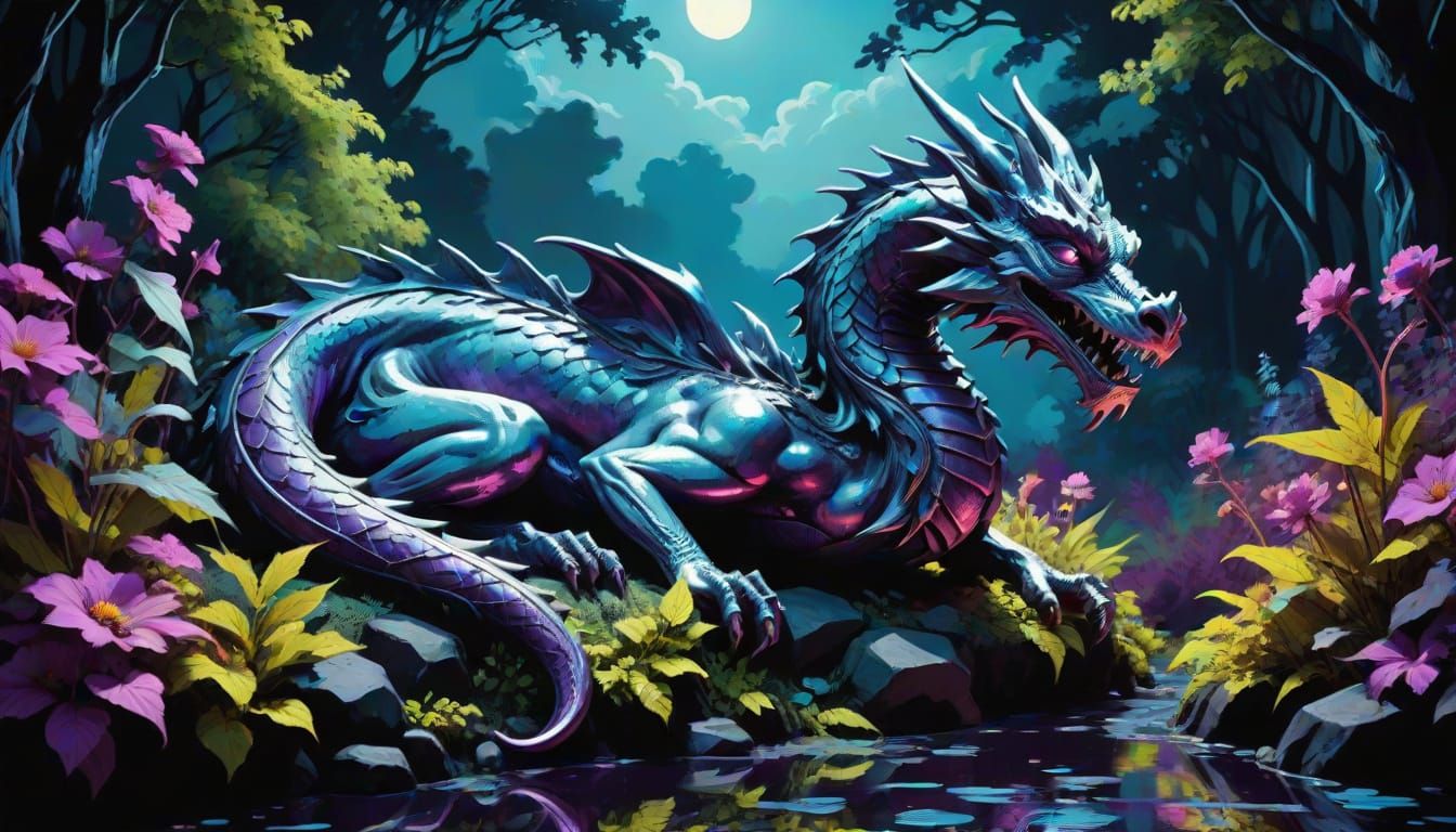 Chrome Dragon Statue in Moonlit Garden