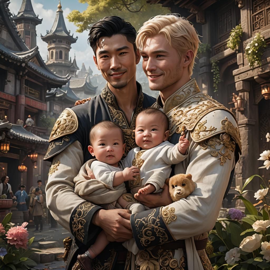 Loving Fathers Holding Baby in Detailed Fantasy Art