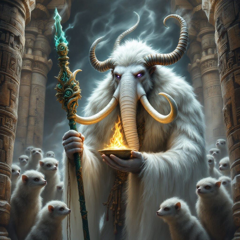 Mystical Woolly Mammoth Shaman in Ancient Temple