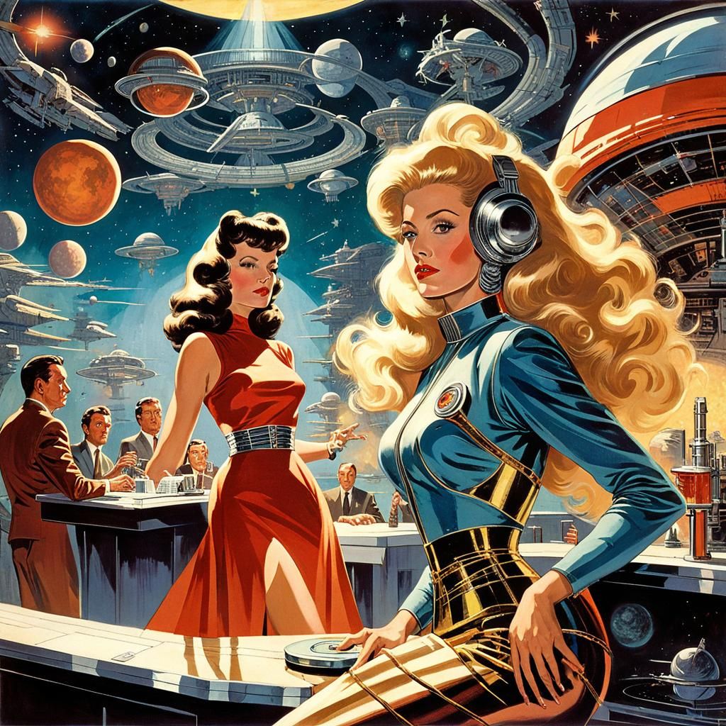 Retrofuturistic Singer in Bar, Vintage Comic Art