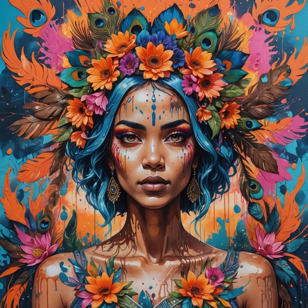 Vibrant Street Art Portrait of Woman with Flowers