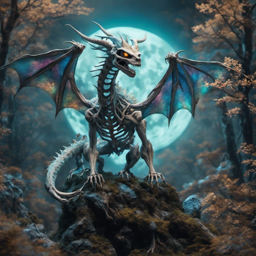 Skeletal Horned Dragon God in Bioluminescent Forest