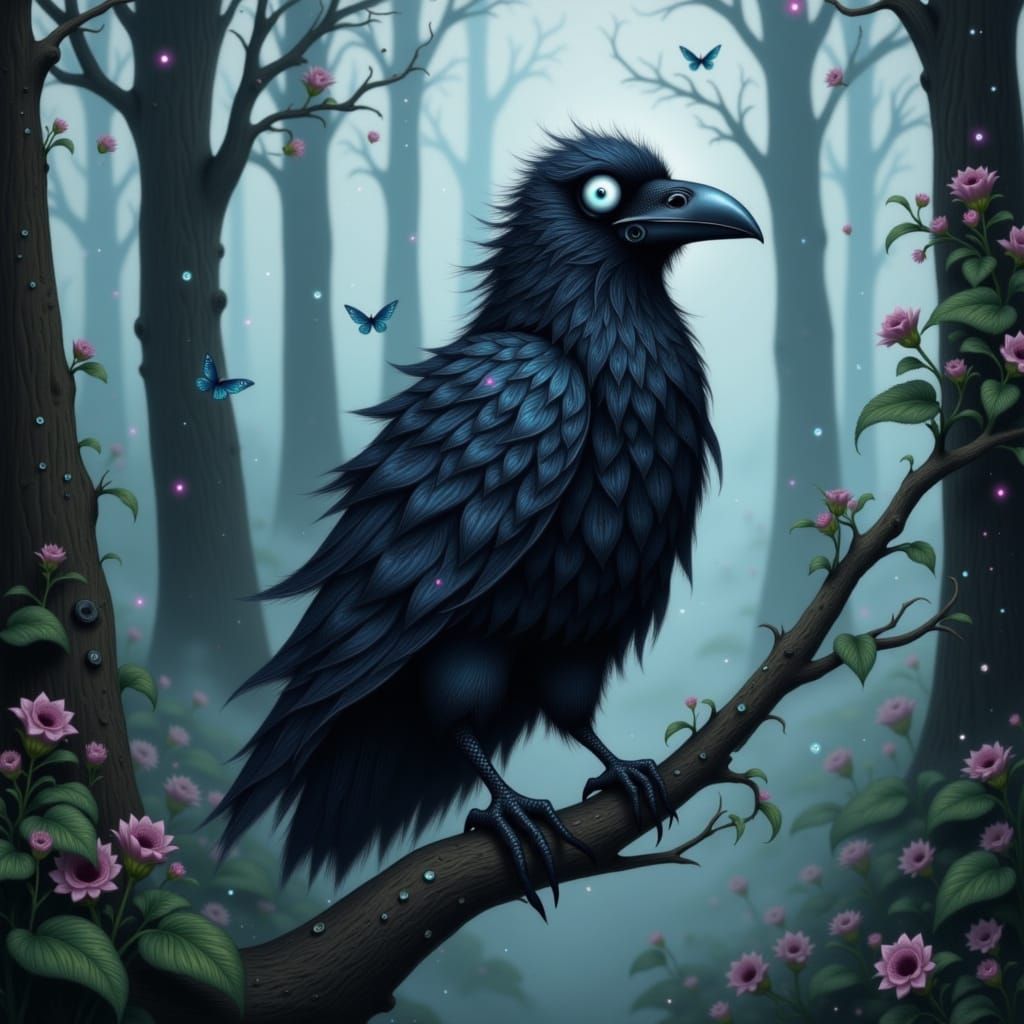 Mystical Raven in Whimsical Forest