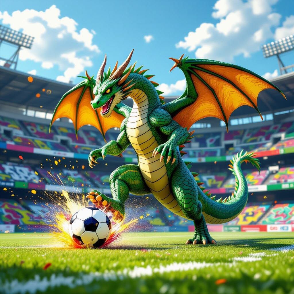 Dragon Kicking Glowing Soccer Ball in Graffiti Stadium