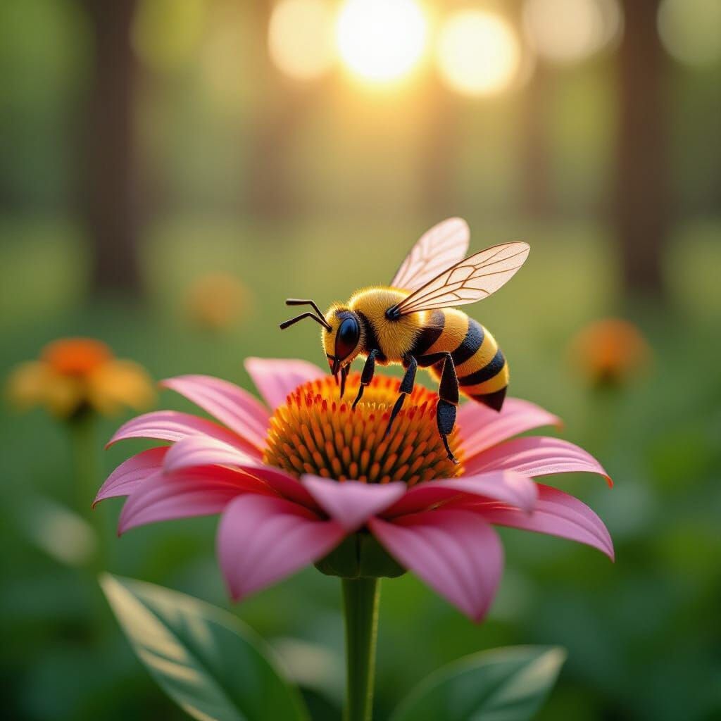 Origami Bee on Paper Flower in Forest