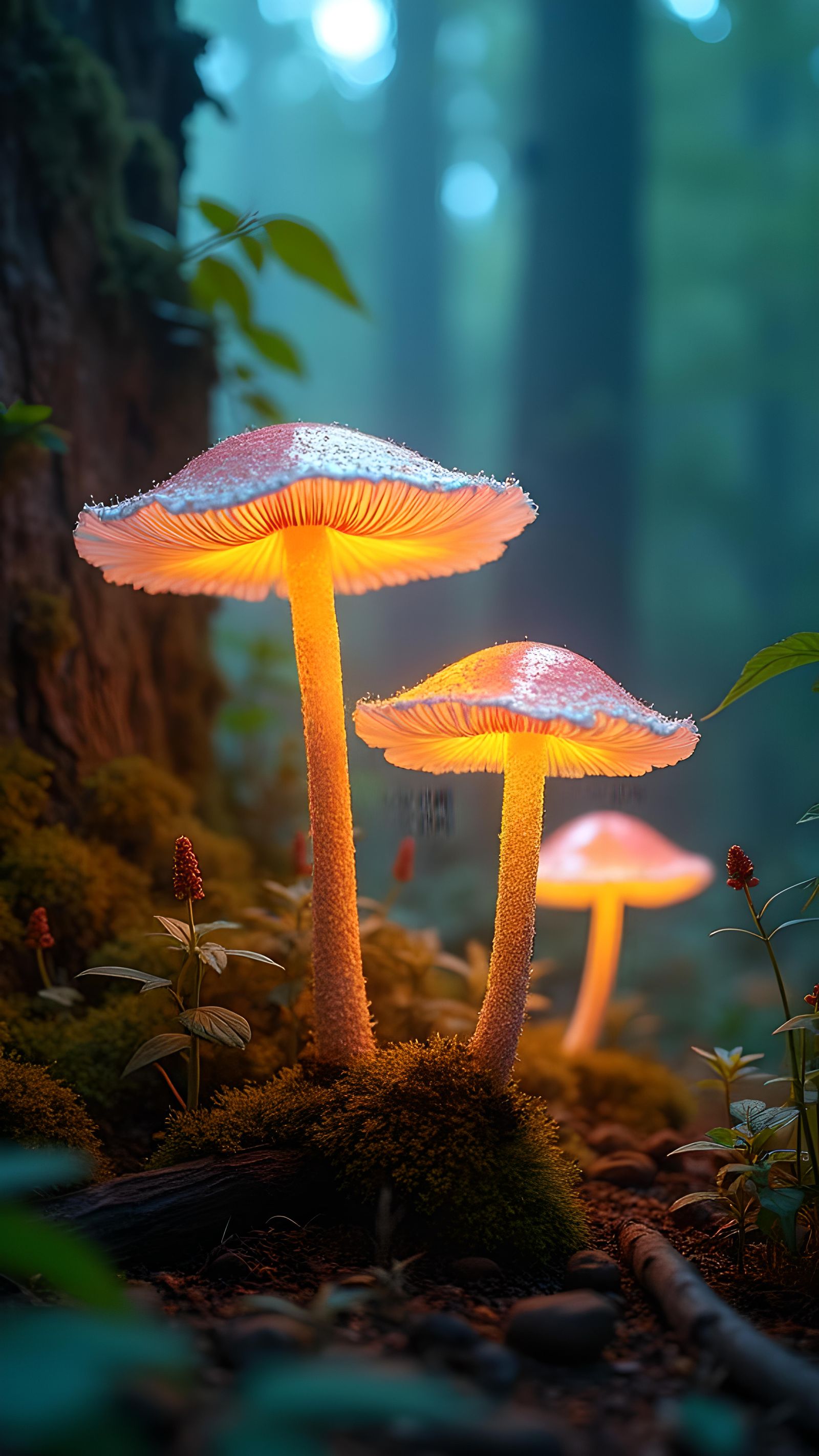 Glowing Mushrooms in Forest: Hyperrealistic Splash Art