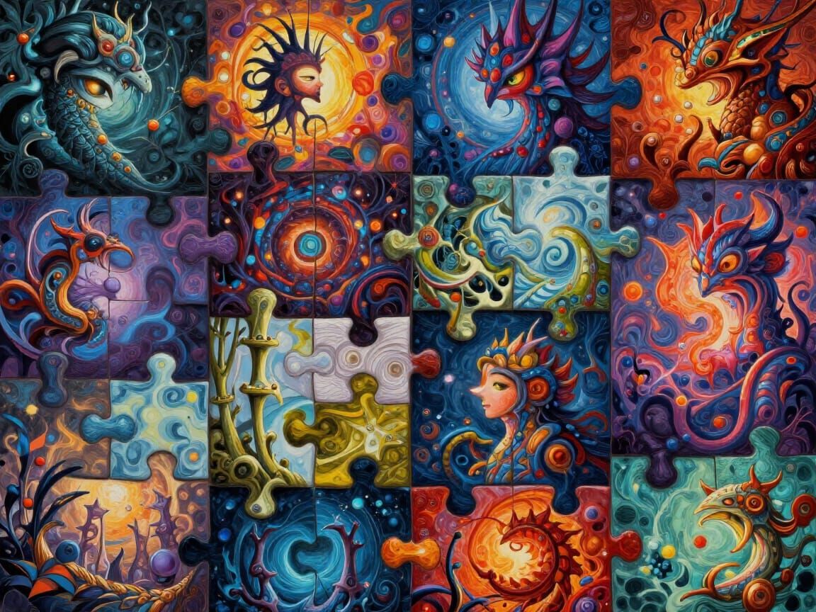 Vibrant Puzzle Pieces Collage in Fantasy Art Style