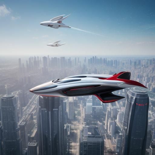 Futuristic Tesla Jet Flies Through Future City