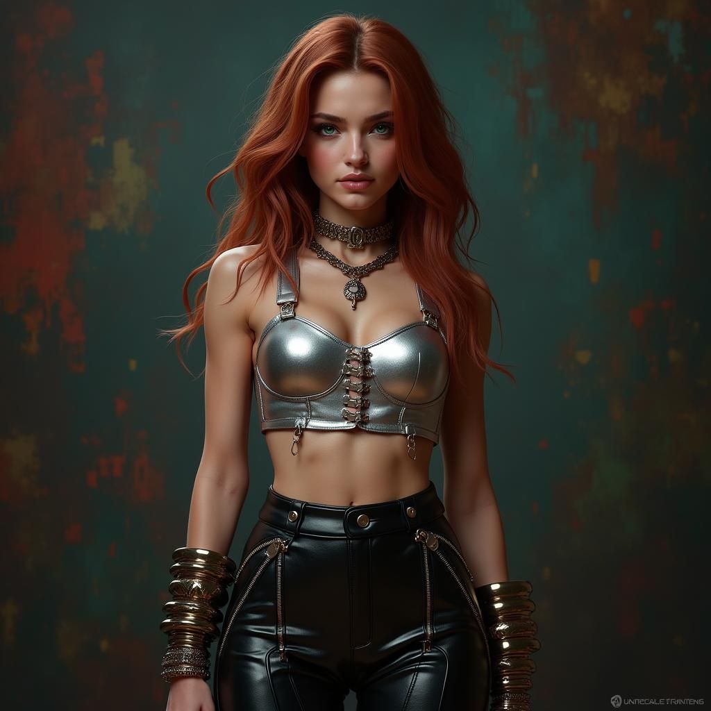 Auburn Haired Woman in Metallic Silver, Hyper-Realistic Art