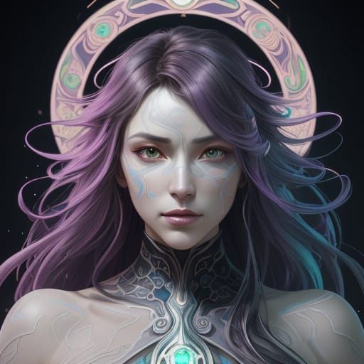 Ethereal Portrait in Cyberpunk Art Nouveau Style