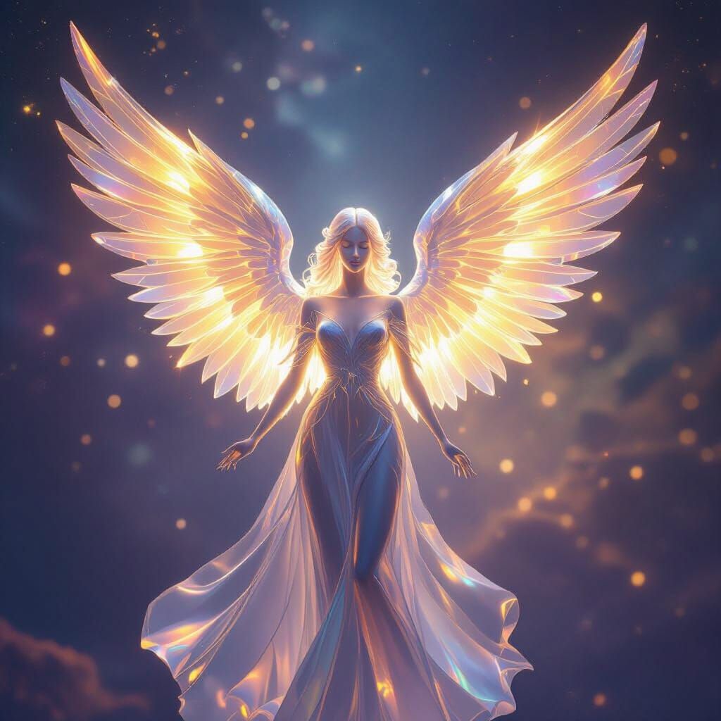 Crystal Angel with Luminous Wings in Nebula