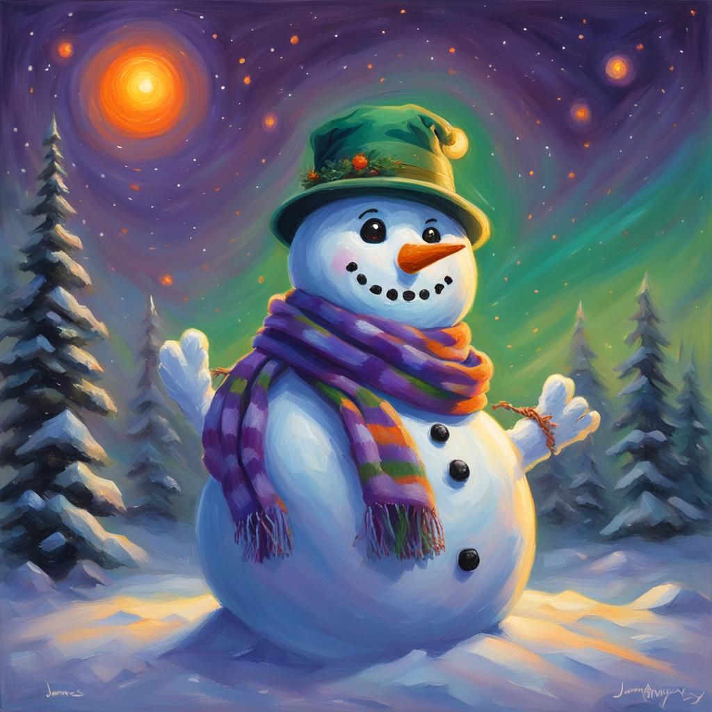 Snowman with Galaxy Eyes in Oil Painting Style