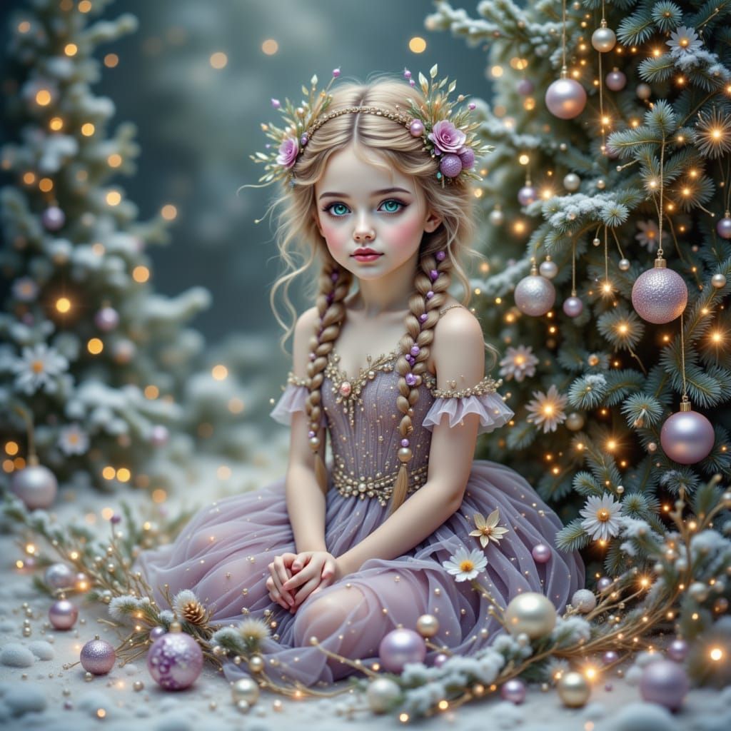 Whimsical Toddler by Snowy Christmas Tree
