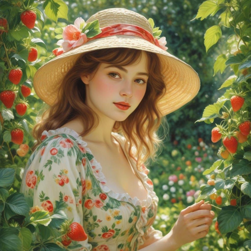 Dreamy Watercolor Garden Scene with Woman and Strawberries