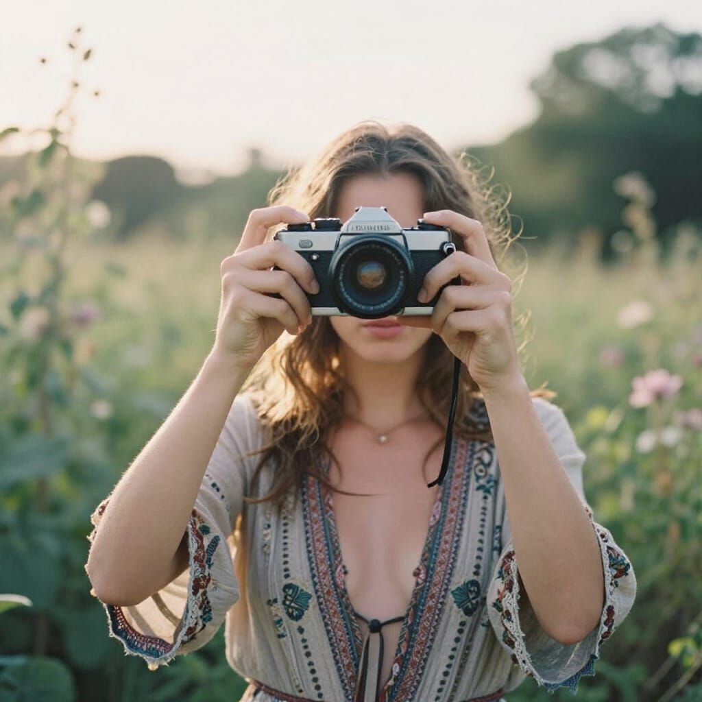 Bohemian Woman Takes Vintage Selfie in Sun-Drenched Garden