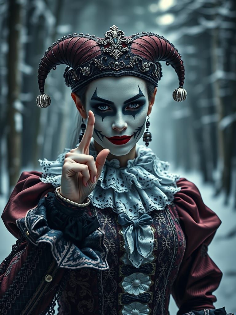 Harlequin Woman in Victorian Attire with Sinister Smile