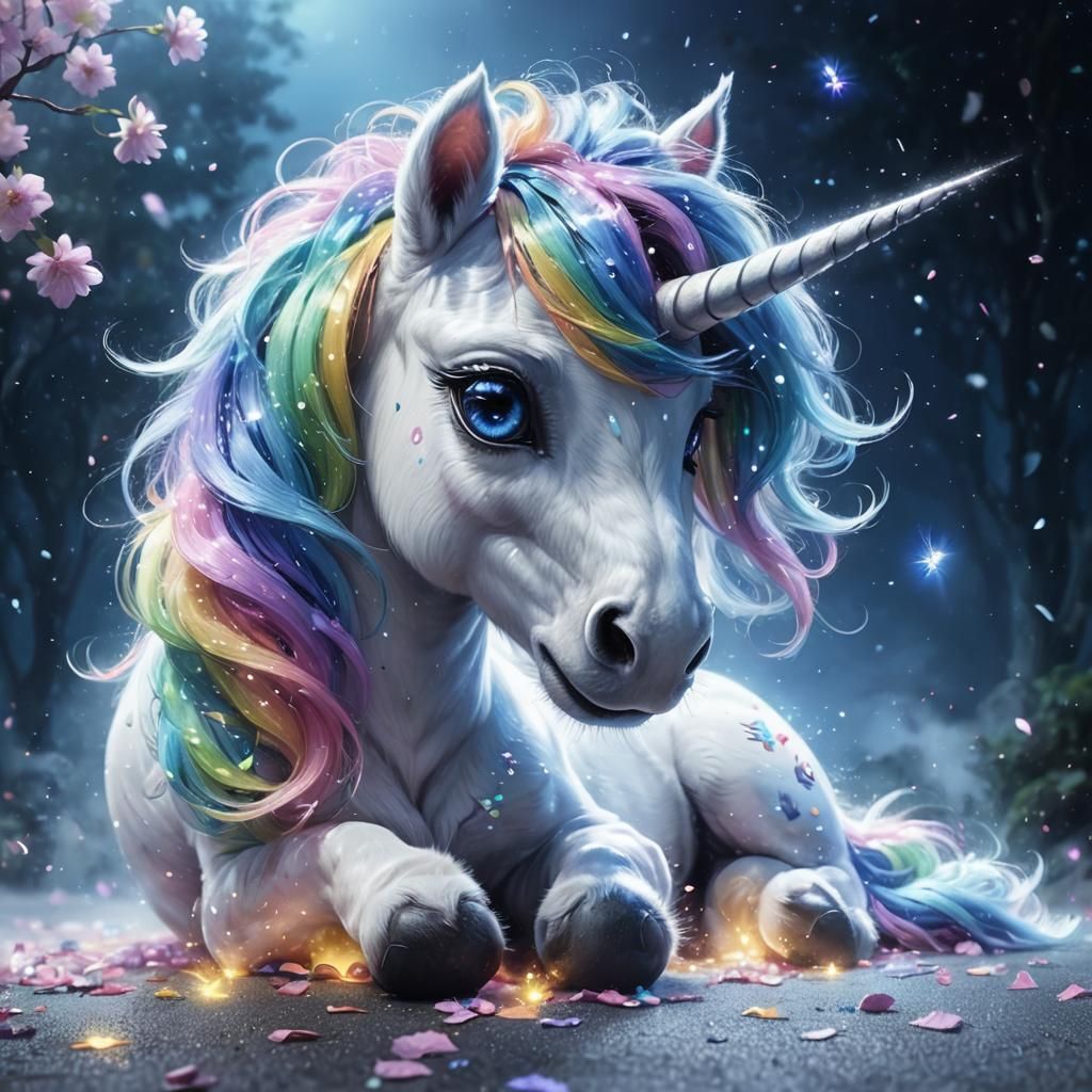 Enchanting Unicorn with Rainbow Hair in Dreamy Scene