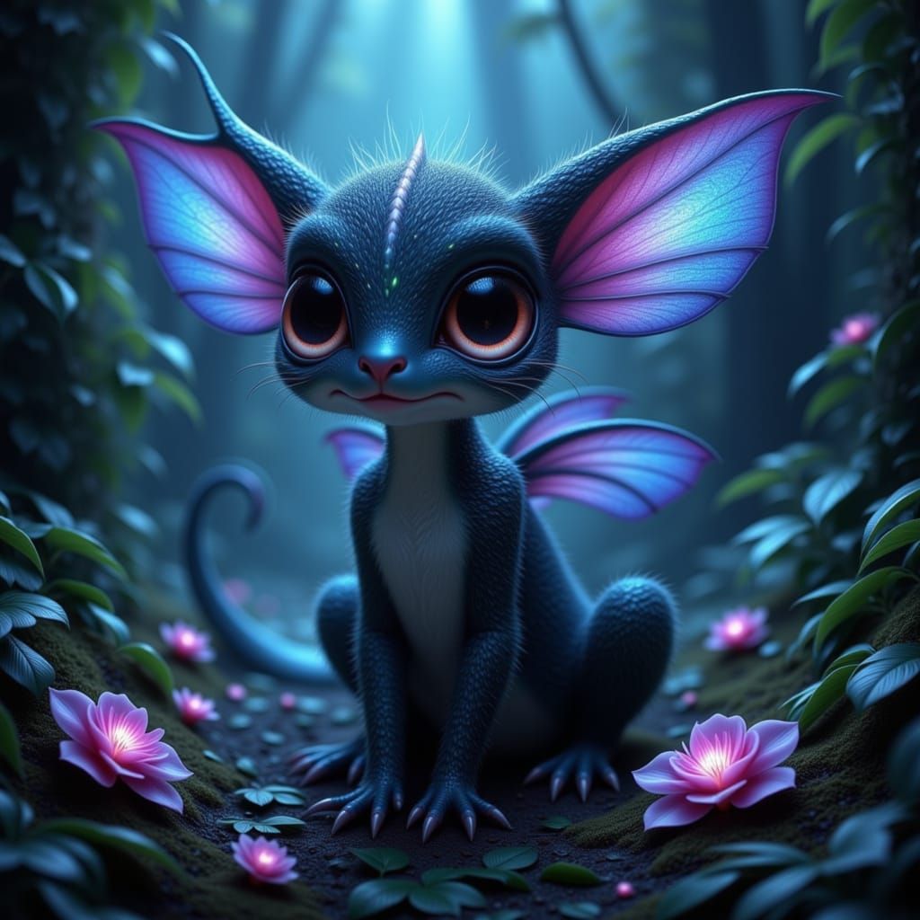 Fantastical Creature in Bioluminescent Forest Digital Painti...
